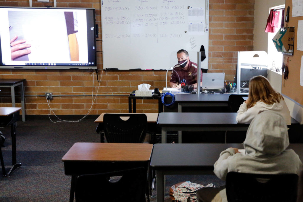 Ron Detrick teaches geometry Wednesday at Lakewood Middle School. (Kevin Clark / The Herald)
