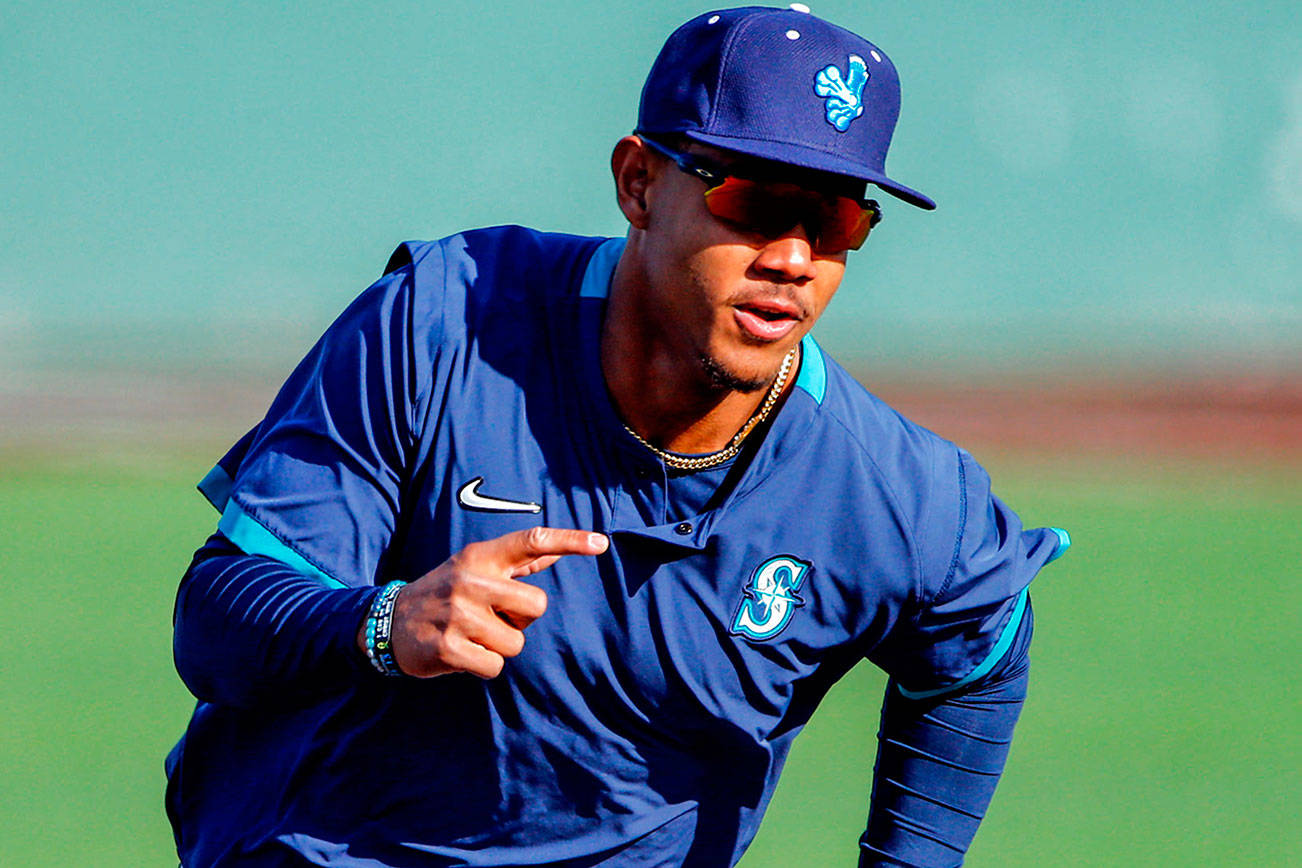 Julio Rodriguez runs the bases Saturday afternoon during practice at Funko Field in Everett on May 1, 2021. (Kevin Clark / The Herald)