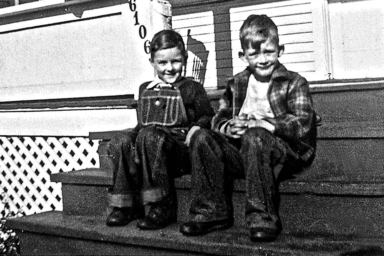 Jerry Hilson (left) with his childhood friend, David Peterson, in West Seattle in 1945. They rekindled their friendship with a lunch meeting Wednesday after 75 years without seeing one another. (Contributed photo)