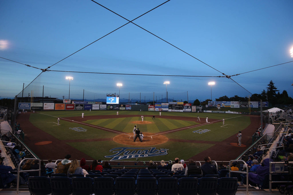 The Everett Aquasox beat the Tri-City Dust Devils in their opening home game at Funko Field on May 11, 2021, in Everett. (Andy Bronson / The Herald)
