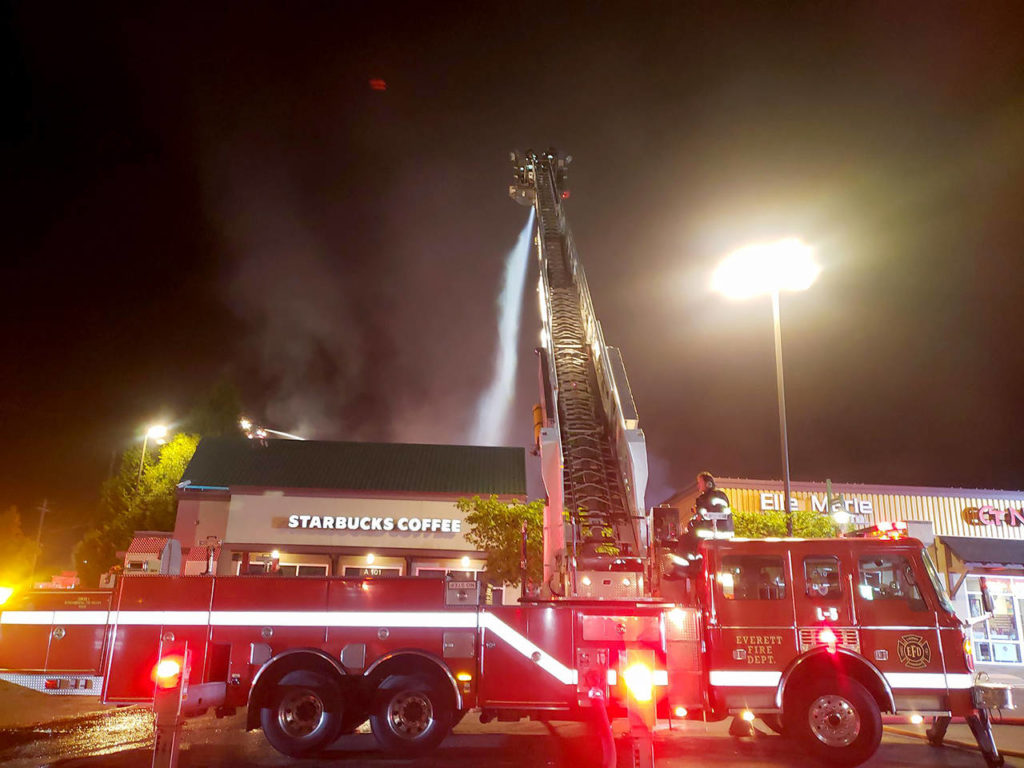 The Everett Fire Department provided mutual aid, along with several other agencies, to Snohomish County Fire District #4 for a commercial fire with a structural collapse at a tire store in Snohomish. (Everett Fire Department)
