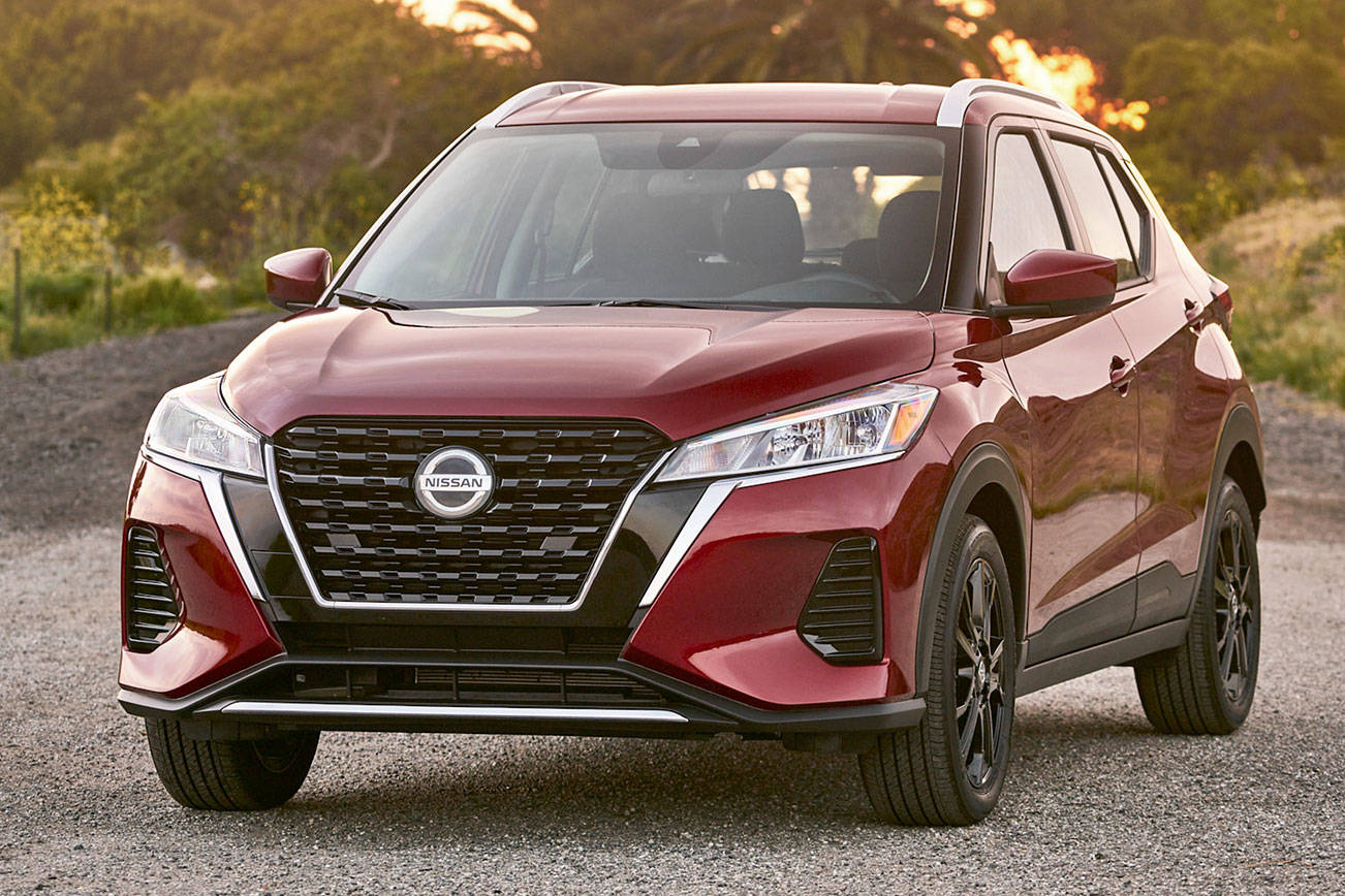 Nissan Kicks exterior styling updates for 2021 include a bigger grille edged with black, sharply angled headlights and a bold new front bumper. (Nissan) 20210517