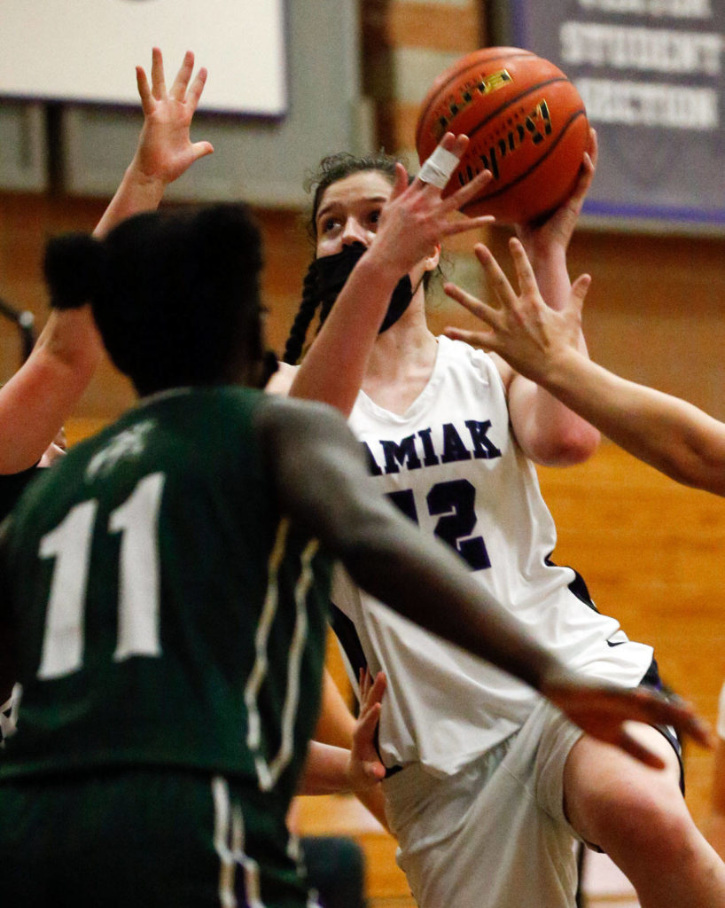 Kamiak’s Tess Schornack attempts a shot during a game against Edmonds-Woodway on May 14, 2021, at Kamiak High School in Mukilteo. (Kevin Clark / The Herald)
