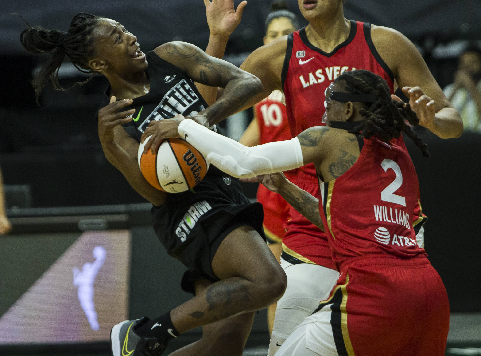 Seattle Storm’s Jewell Loyd reacts to being fouled as she tries for a layup during a game against the Las Vegas Aces on May 15, 2021, in Everett. (Olivia Vanni / The Herald)