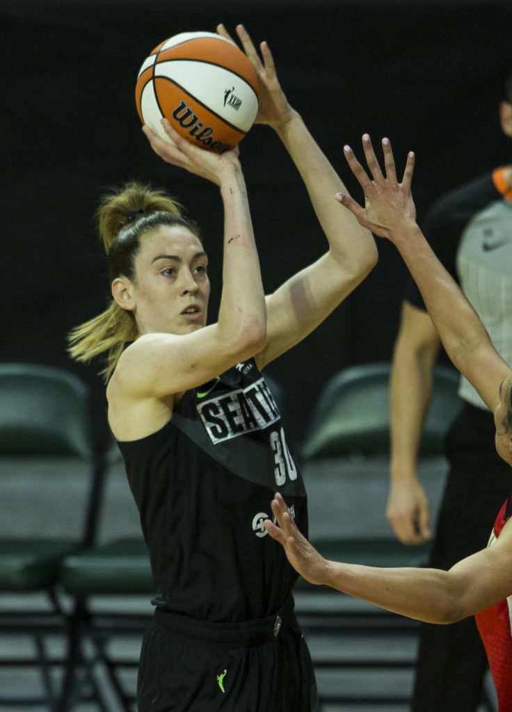 Seattle Storm’s Breanna Stewart makes a 3-point shot during a game against the Las Vegas Aces on May 15, 2021, in Everett. (Olivia Vanni / The Herald)
