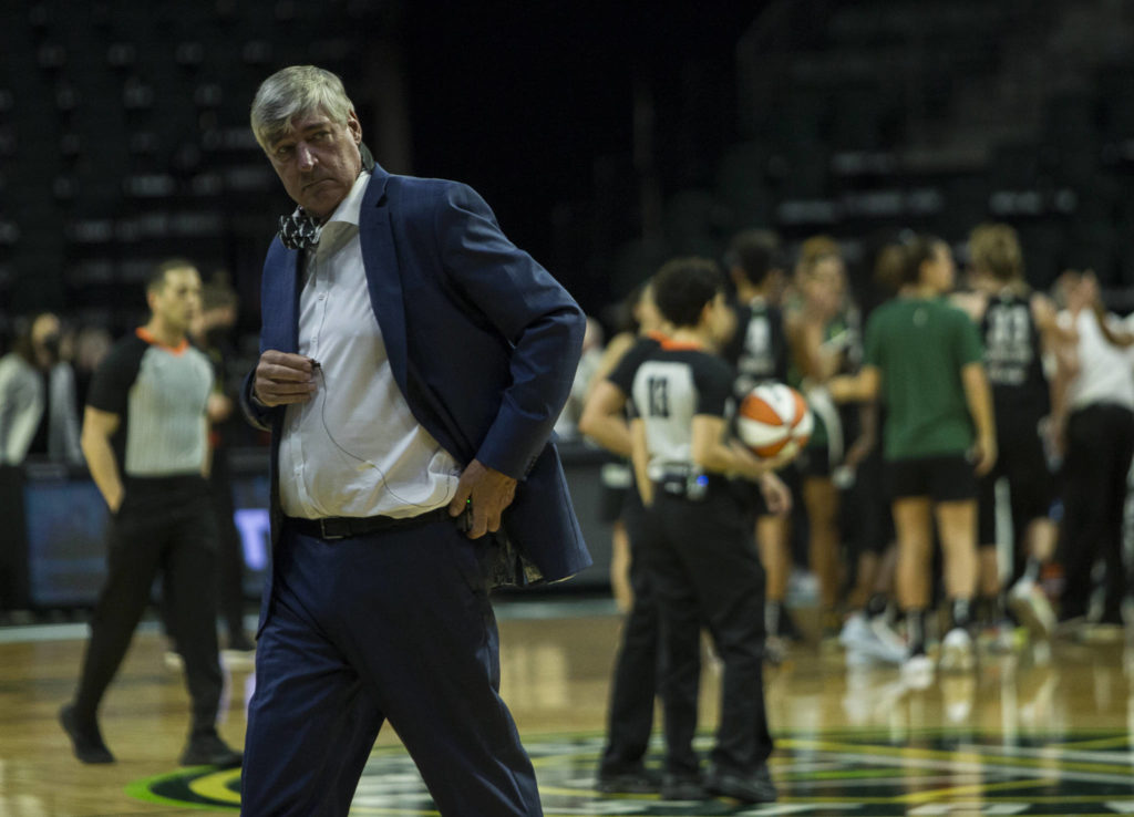 Las Vegas Aces head coach Bill Laimbeer takes off his microphone as he walks off the court after losing to the Seattle Storm 97-83 on May 15, 2021, in Everett. (Olivia Vanni / The Herald)
