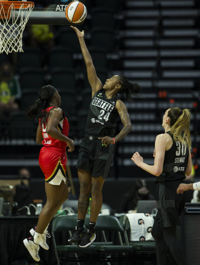Seattle Storm’s Jewell Loyd makes a layup during a game against the Las Vegas Aces on May 15, 2021, in Everett. (Olivia Vanni / The Herald)
