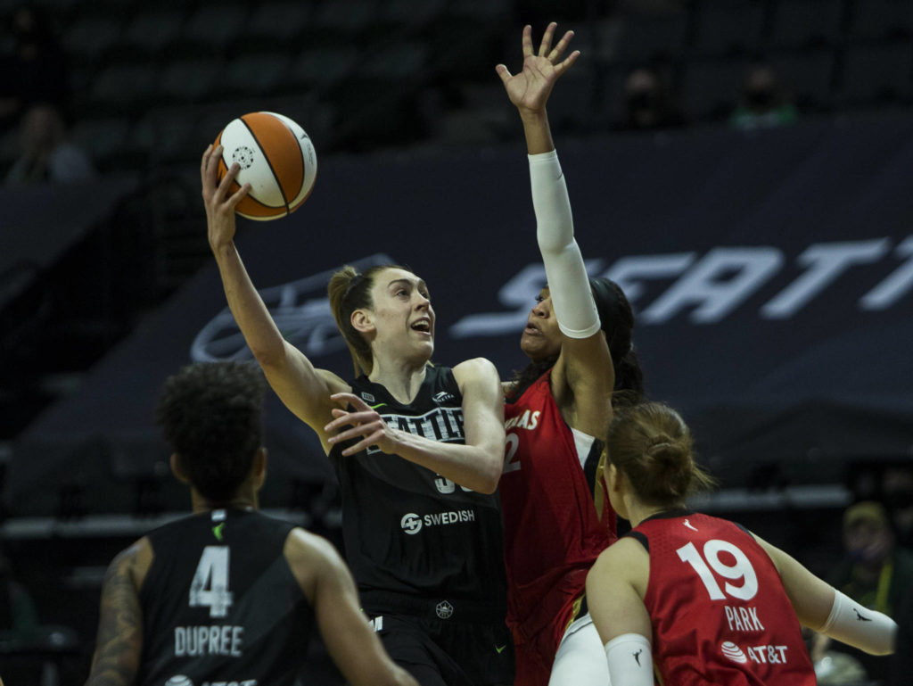 Seattle Storm’s Breanna Stewart drives to the hoop during a game against the Las Vegas Aces on May 15, 2021, in Everett. (Olivia Vanni / The Herald)
