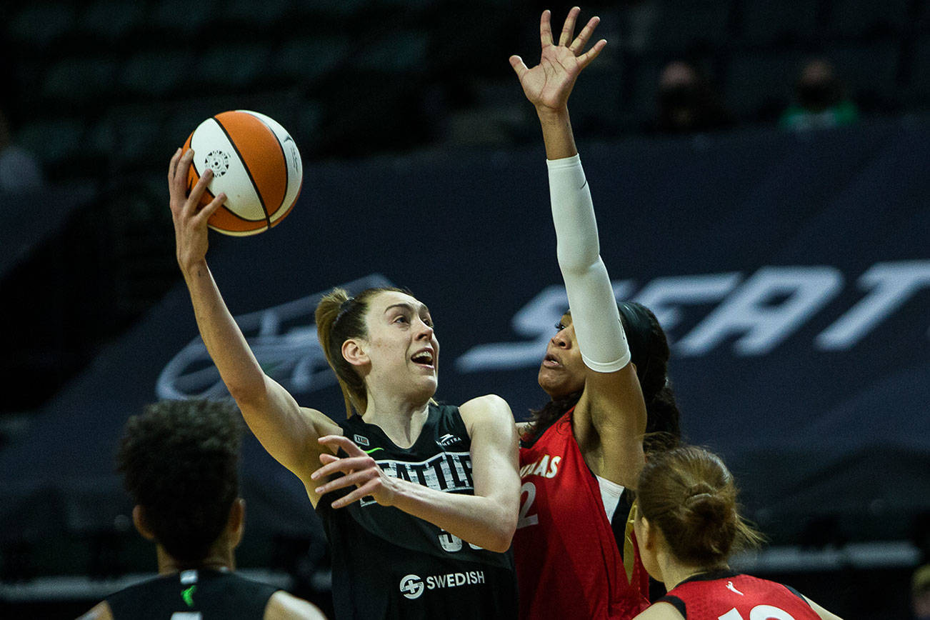 Seattle Storm’s Breanna Stewart drives to the hoop during the game against the Las Vegas Aces on Saturday, May 15, 2021 in Everett, Wash. (Olivia Vanni / The Herald)