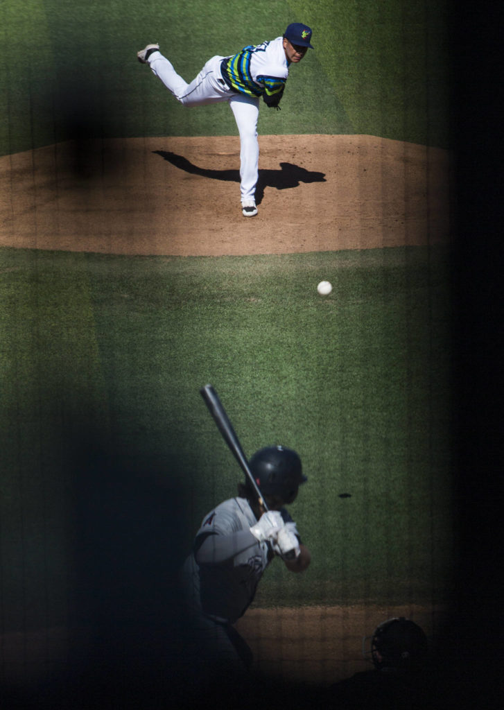 AquaSox’ Juan Then pitches during the game against the Dust Devils on Sunday, May 16, 2021 in Everett, Wash.
