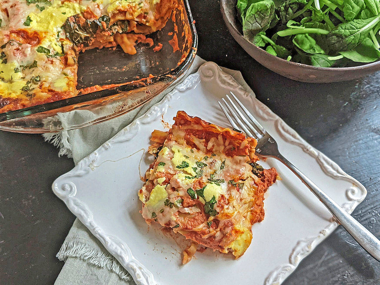Layering sauteed kale and mushrooms instead of meat between the noodles makes this cheesy lasagna a healthier alternative to the classic Italian pasta dish. (Gretchen McKay / Post-Gazette)
