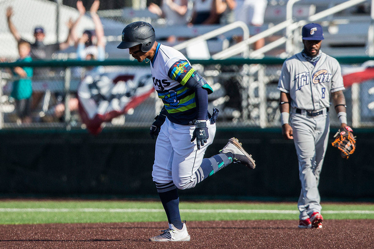 AquaSox's Julio Rodriguez runs the bases after hitting his  fifth home run in six games during the game against the Dust Devils on Sunday, May 16, 2021 in Everett, Wash.