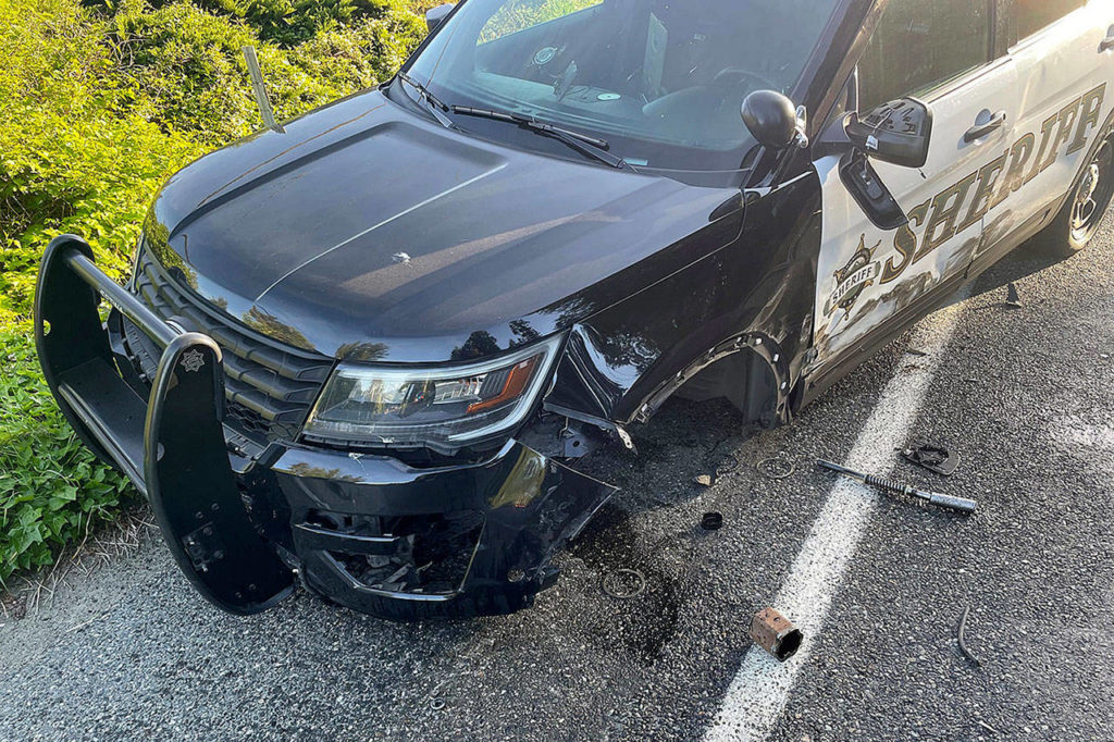 A Tesla reportedly on “autopilot” allegedly crashed into a Snohomish County Sheriff’s Office patrol SUV that was parked on the roadside Saturday in Lake Stevens. There were no injuries. (Snohomish County Sheriff’s Office)
