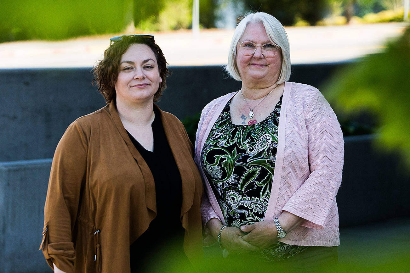 Beverly Bowers, right, and daughter Lea Alejandro on Thursday, May 20, 2021 in Everett, Wash. They fear for Bowers' son, who lives on the streets. (Olivia Vanni / The Herald)