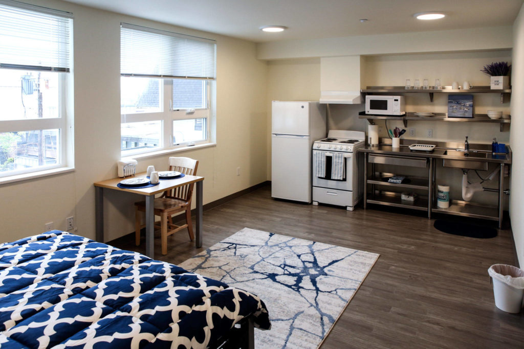 One of the studio apartments at the new Compass Health 82-unit permanent supportive housing building in Everett. (Kevin Clark / The Herald)
