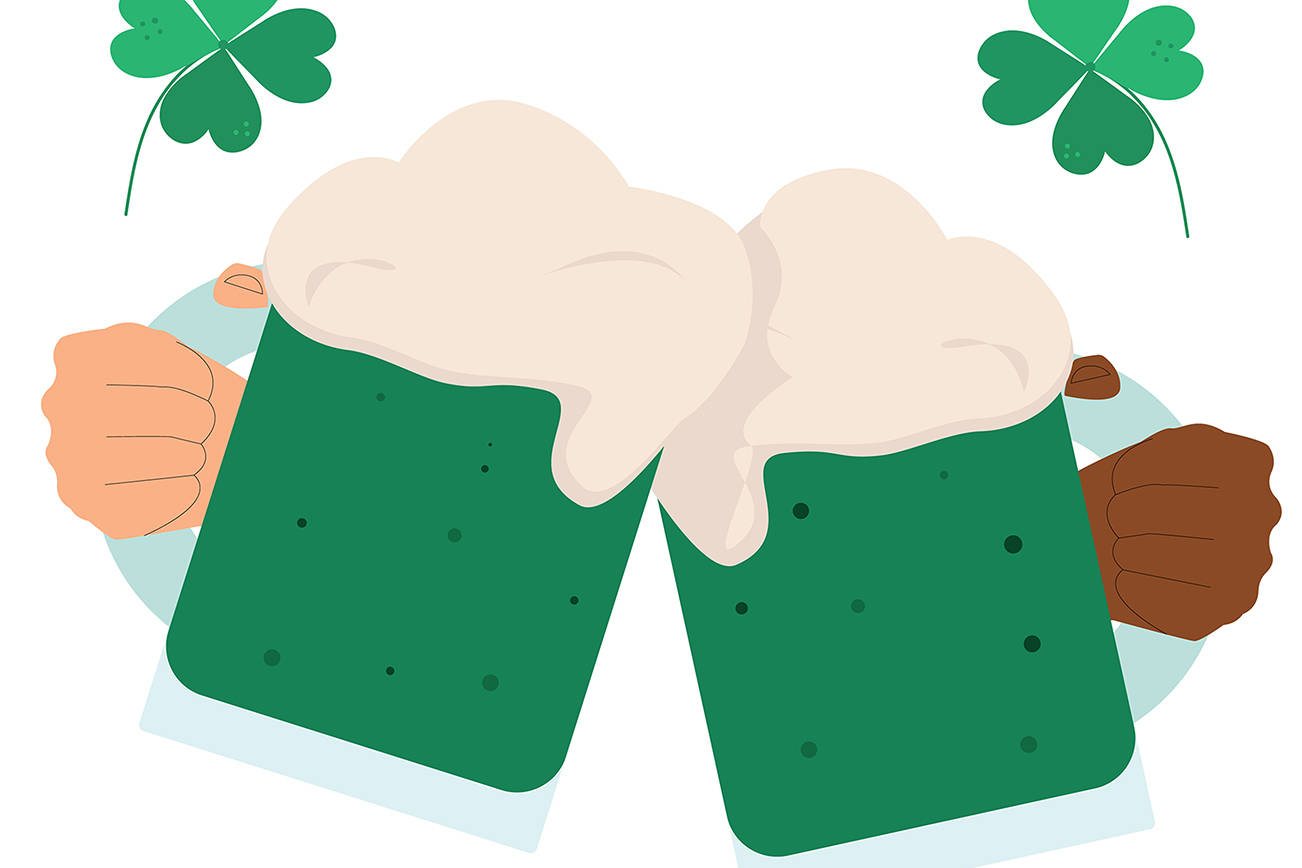 Vector flat illustration isolated on white background with clovor. Two hands are holding a drink.