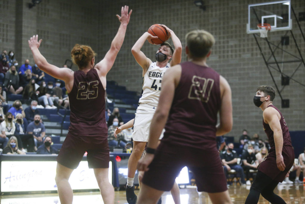 Arlington’s Ethan Martin takes a shot during a game against Lakewood on May 19, 2021, in Arlington. (Andy Bronson / The Herald)
