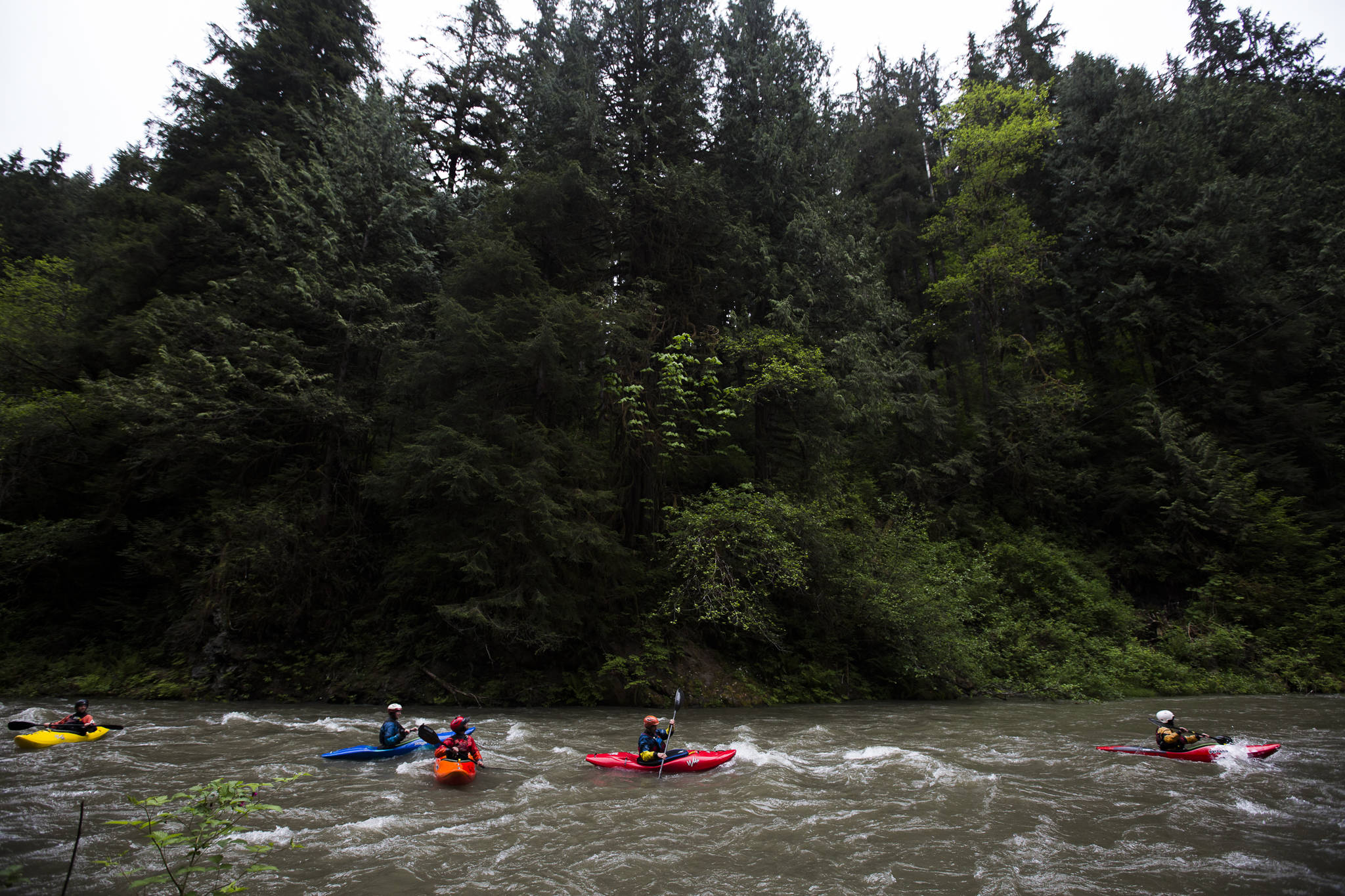 Kayakers make their way down the Sultan River after walking around a diversion dam near Sultan. (Olivia Vanni / The Herald)