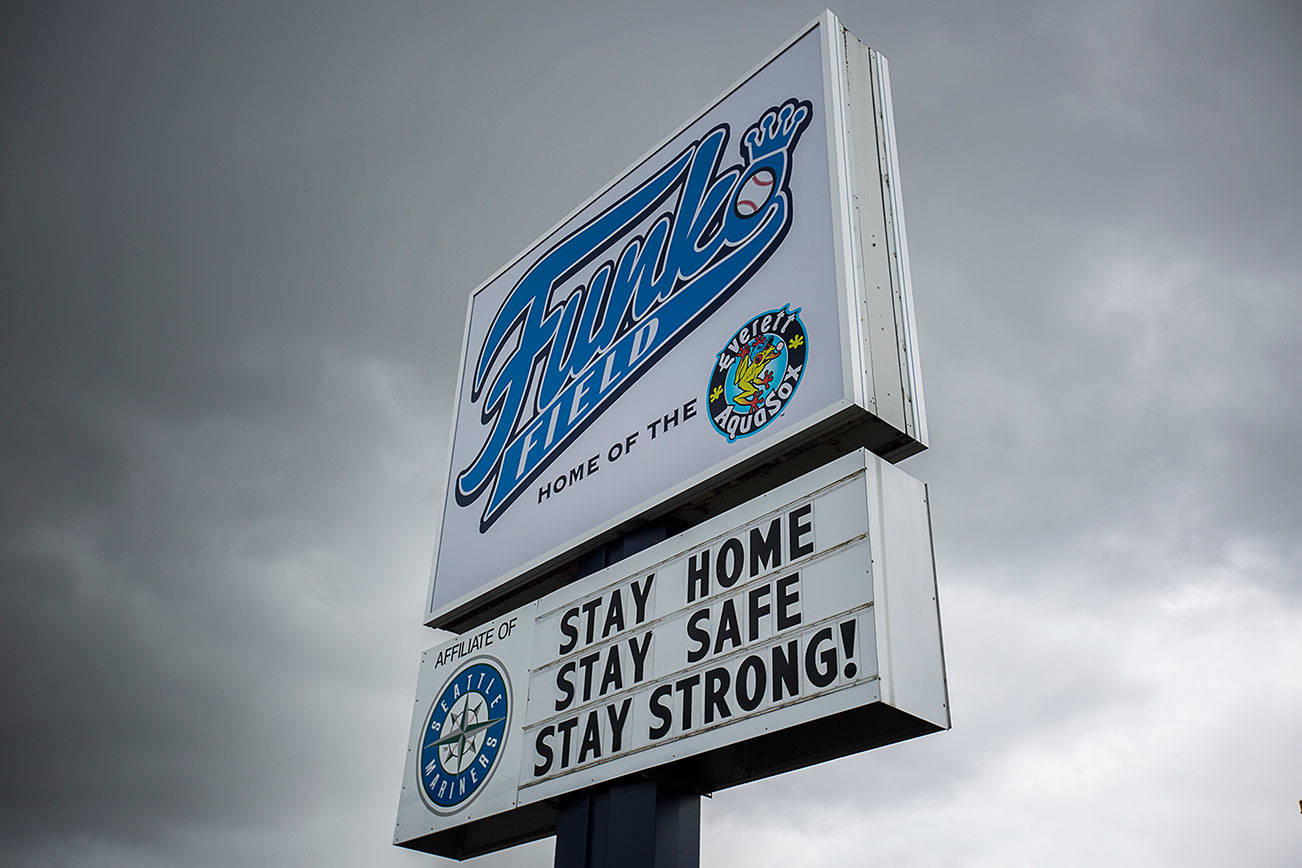 The Funko Field sign displays the phrase, "stay home stay safe stay strong!" on Friday, April 3, 2020 in Everett, Wa. (Olivia Vanni / The Herald)