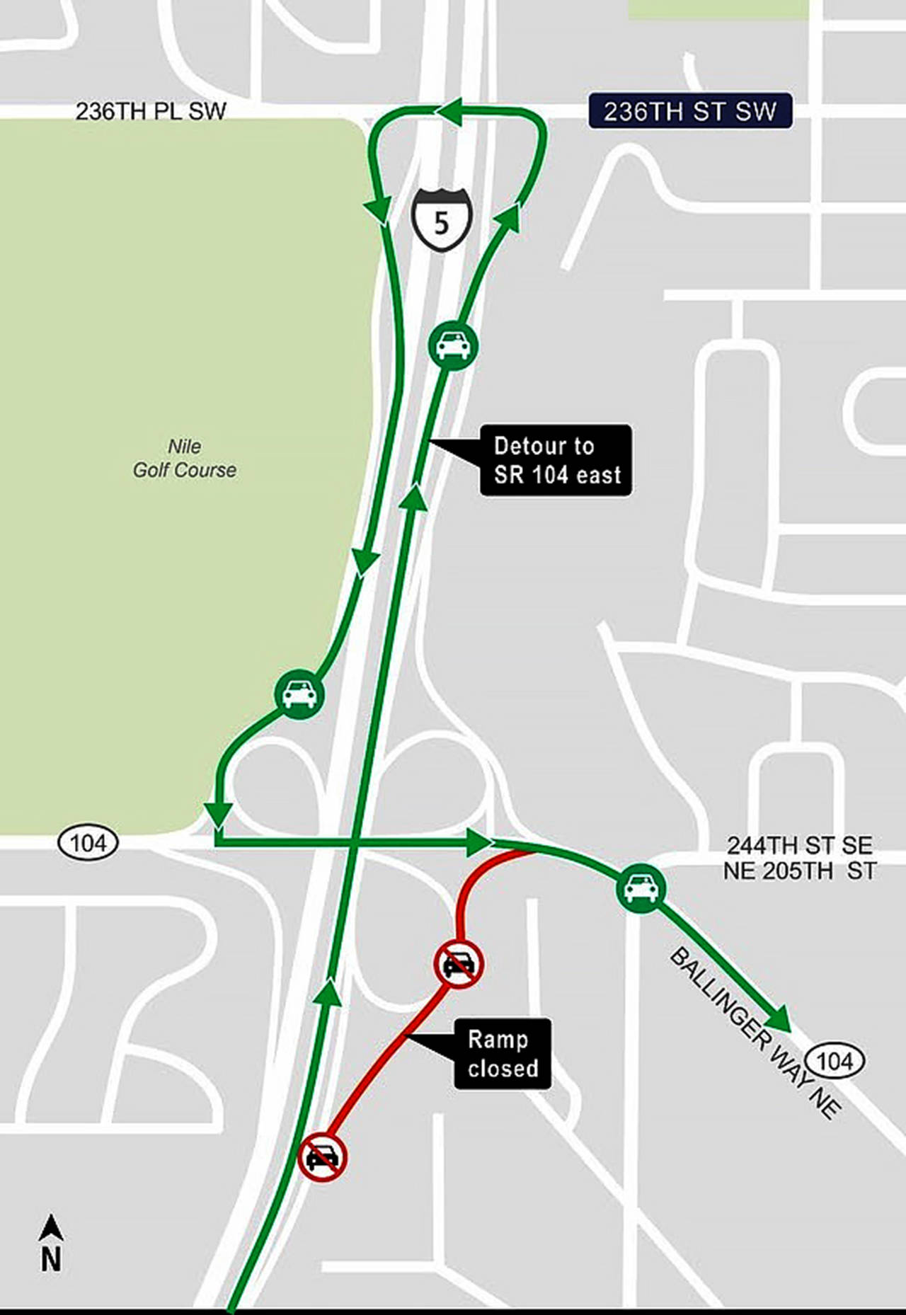 A map of the detour for eastbound Highway 104 drivers from I-5 in the coming weeks during Sound Transit light rail work. (Sound Transit)