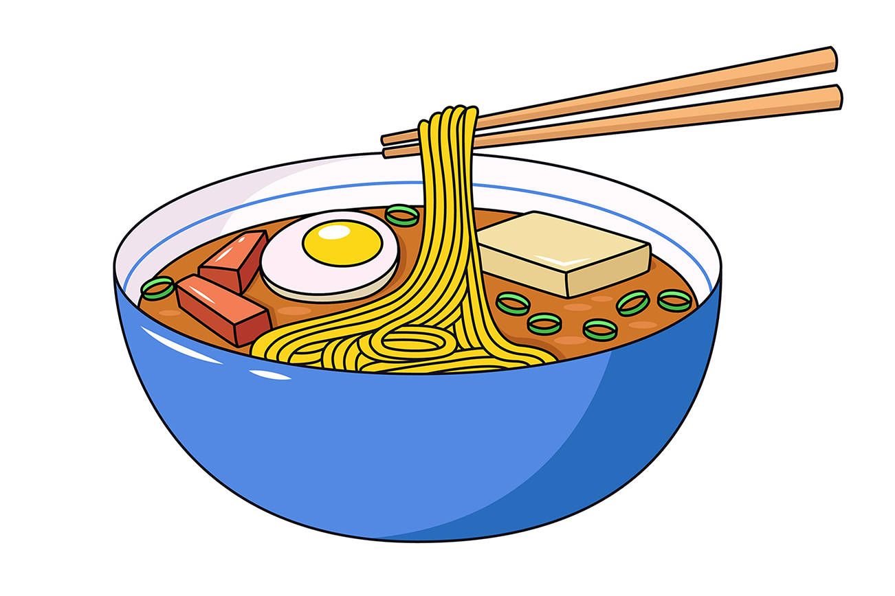 Ramen soup vector illustration. Cartoonish illustration of bowl of  traditional Japanese ramen soup with noodles, boiled egg, miso sauce, pork, soy tofu and onion. Japanese cuisine, Japan culture, healthy food concept.