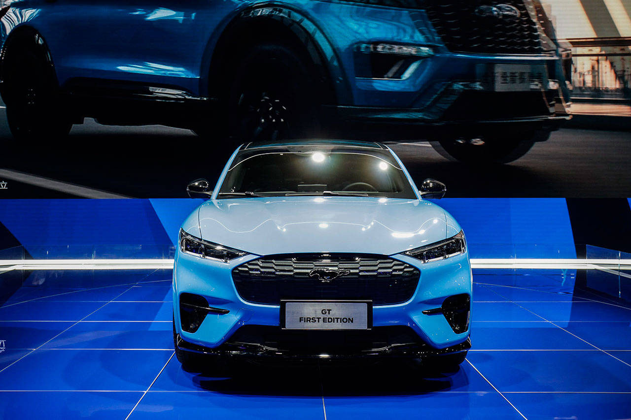The Ford Mustang Mach-E First Edition electric vehicle is introduced at the Auto Shanghai 2021 show in Shanghai on April 20. (Qilai Shen / Bloomberg)