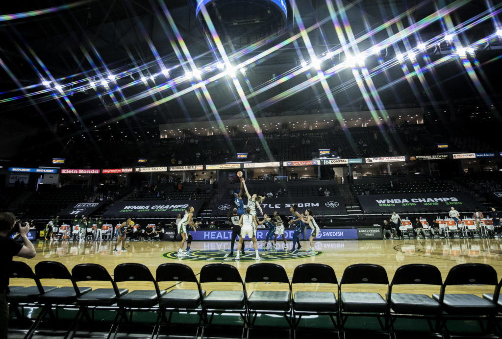 Seattle Storm and the Minnesota Lynx tip off on Friday, May 28, 2021 in Everett, Wash. (Olivia Vanni / The Herald)