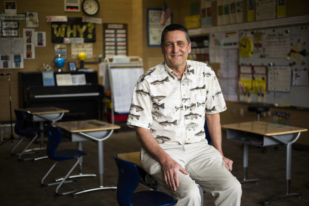 Jeff Thoreson in his second-grade classroom at Riverview Elementary School in Snohomish. (Olivia Vanni / The Herald) 
