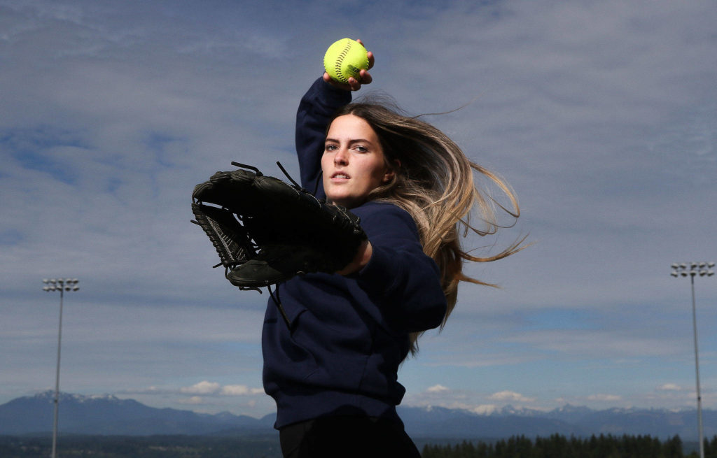 Glacier Peak High School pitcher Makayla Miller on May 31 in Snohomish. (Andy Bronson / The Herald)
