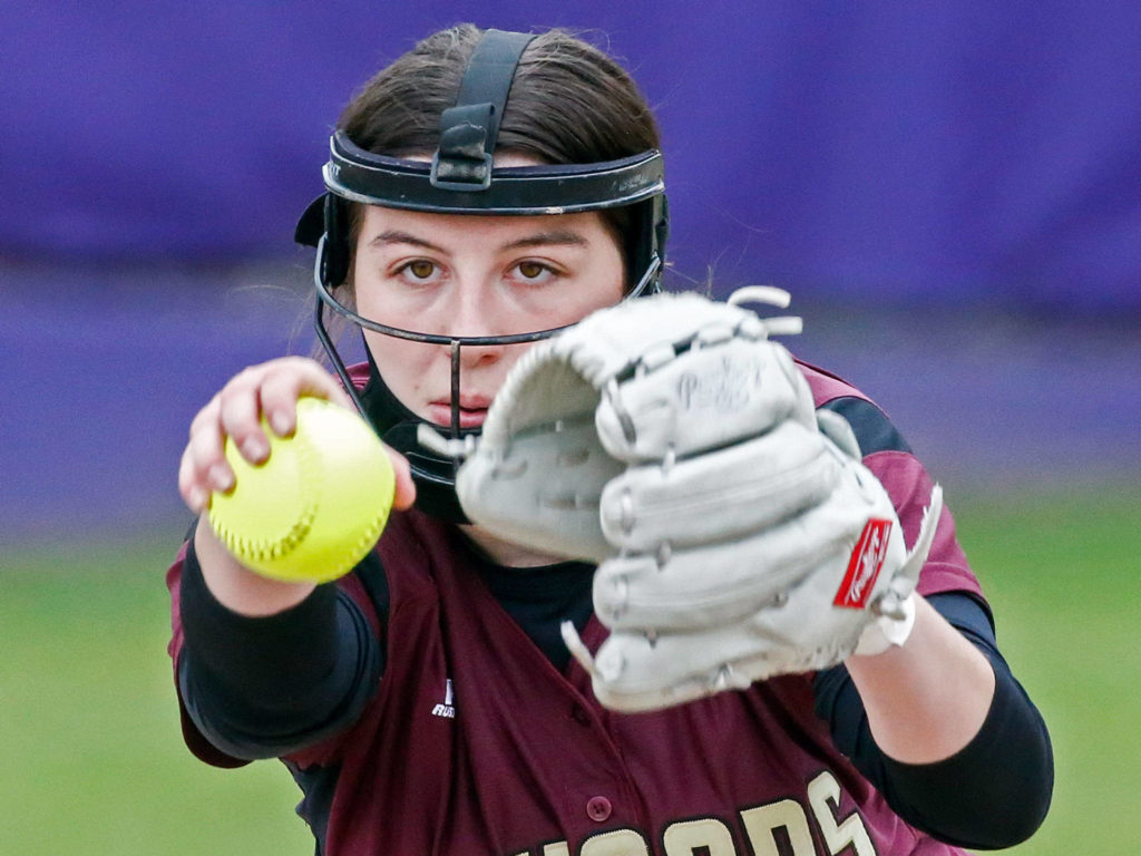 Lakewood’s Riley Mae Swanson throws a pitch against Kamiak on April 30 at Kamiak High School in Mukilteo. (Kevin Clark / The Herald)
