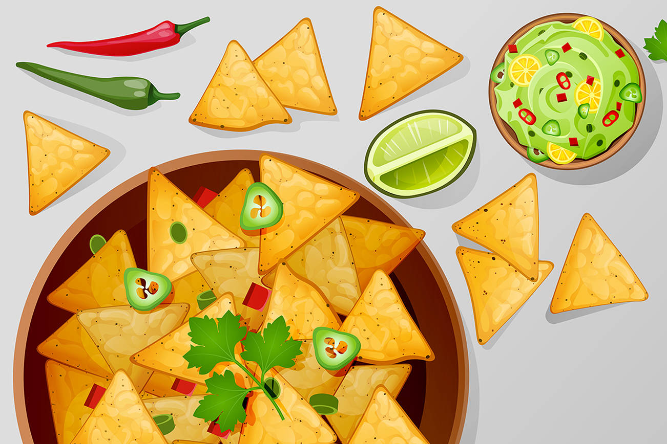 Bowl with nachos, salsa, guacamole and ranch sauces top view. Traditional Mexican food tortilla chips with dressing, lime slice and jalapeno hot chili peppers on table. Cartoon vector illustration