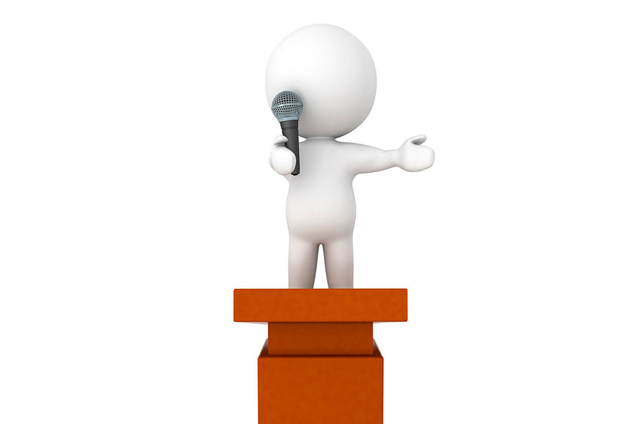 3D Character standing on top of a lectern and speaking on microphone. Isolated on white.