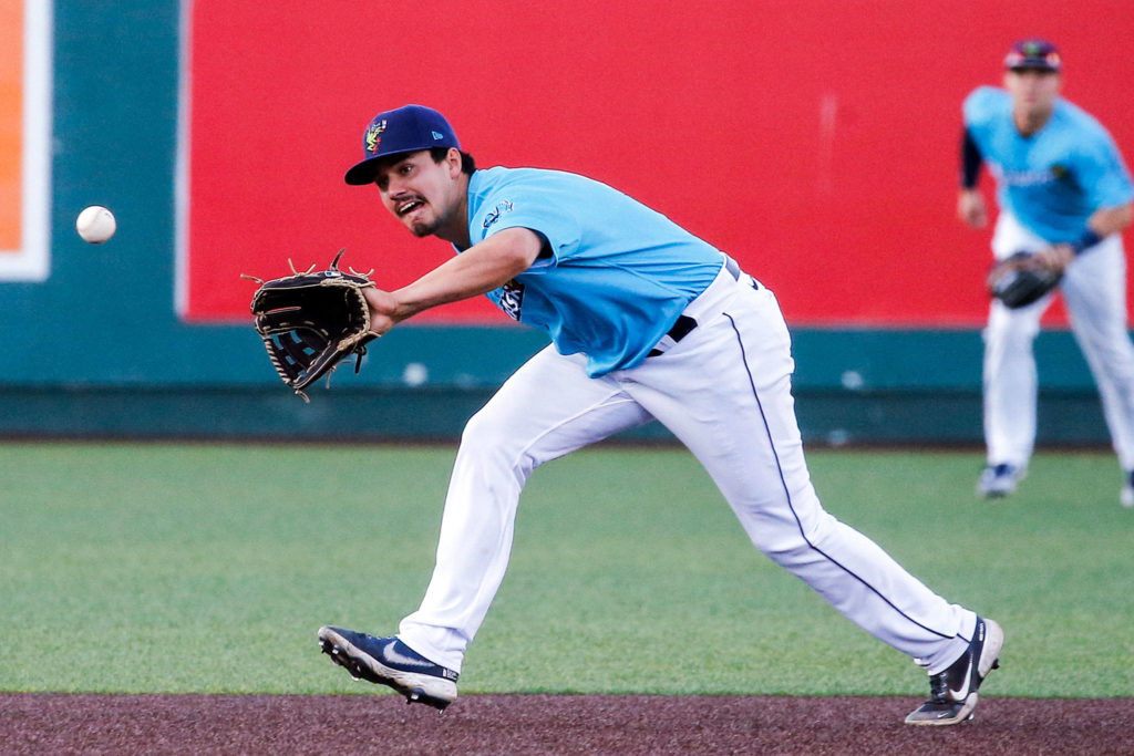 The AquaSox’s Austin Shenton fields a grounder during a game against the Hops on Thursday evening at Funko Field in Everett. (Kevin Clark / The Herald)
