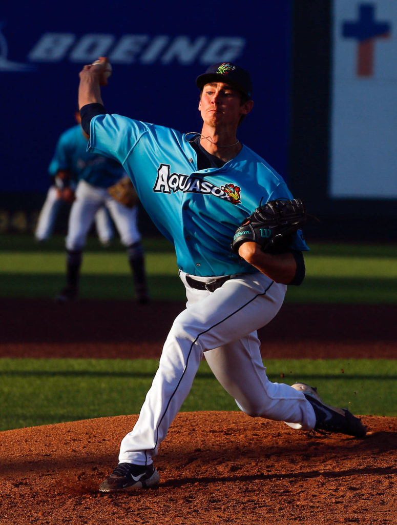 The AquaSox’s Emerson Hancock throws a pitch during a game against the Hops on Thursday evening at Funko Field in Everett. (Kevin Clark / The Herald)
