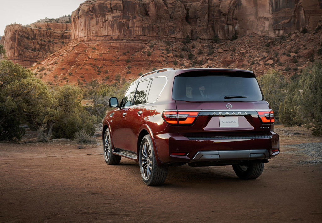 Rear styling revisions on the 2021 Nissan Armada include a new bumper, new LED taillights, and new combination lights. (Nissan) 
