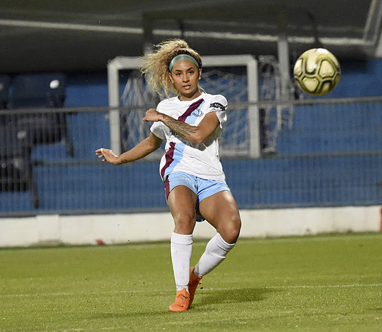 Trina Davis watches ball the while playing a professional soccer game for ASA Tel Aviv in Israel. (Moshik Oshri)
