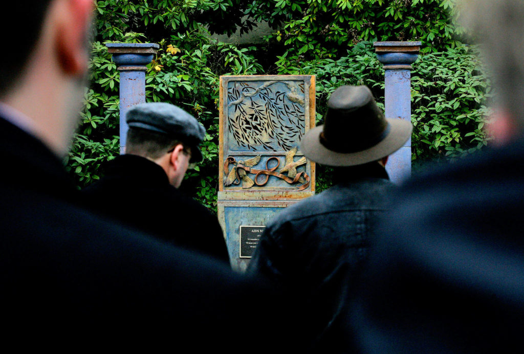 About 50 people attended the dedication of the AIDS Memorial of Snohomish County on Dec. 1, 2005. The memorial is on the west side of the Mission Building on the Snohomish County campus. (Michael O’Leary / Herald file)
