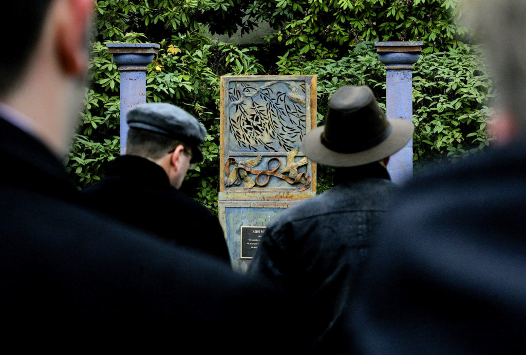 About 50 people attended the dedication of the AIDS Memorial of Snohomish County on Dec. 1, 2005. The memorial is on the west side of the Mission Building on the Snohomish County campus. (Michael O’Leary / Herald file)
