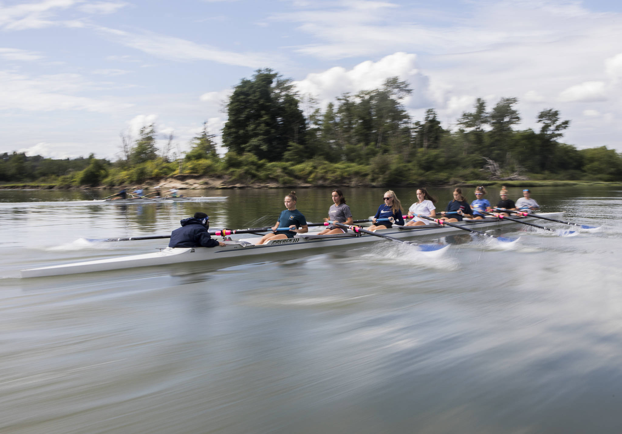 Everett Rowing Association’s women’s 8+ boat practices their starts last Friday on the Snohomish River in Everett. (Olivia Vanni / The Herald)