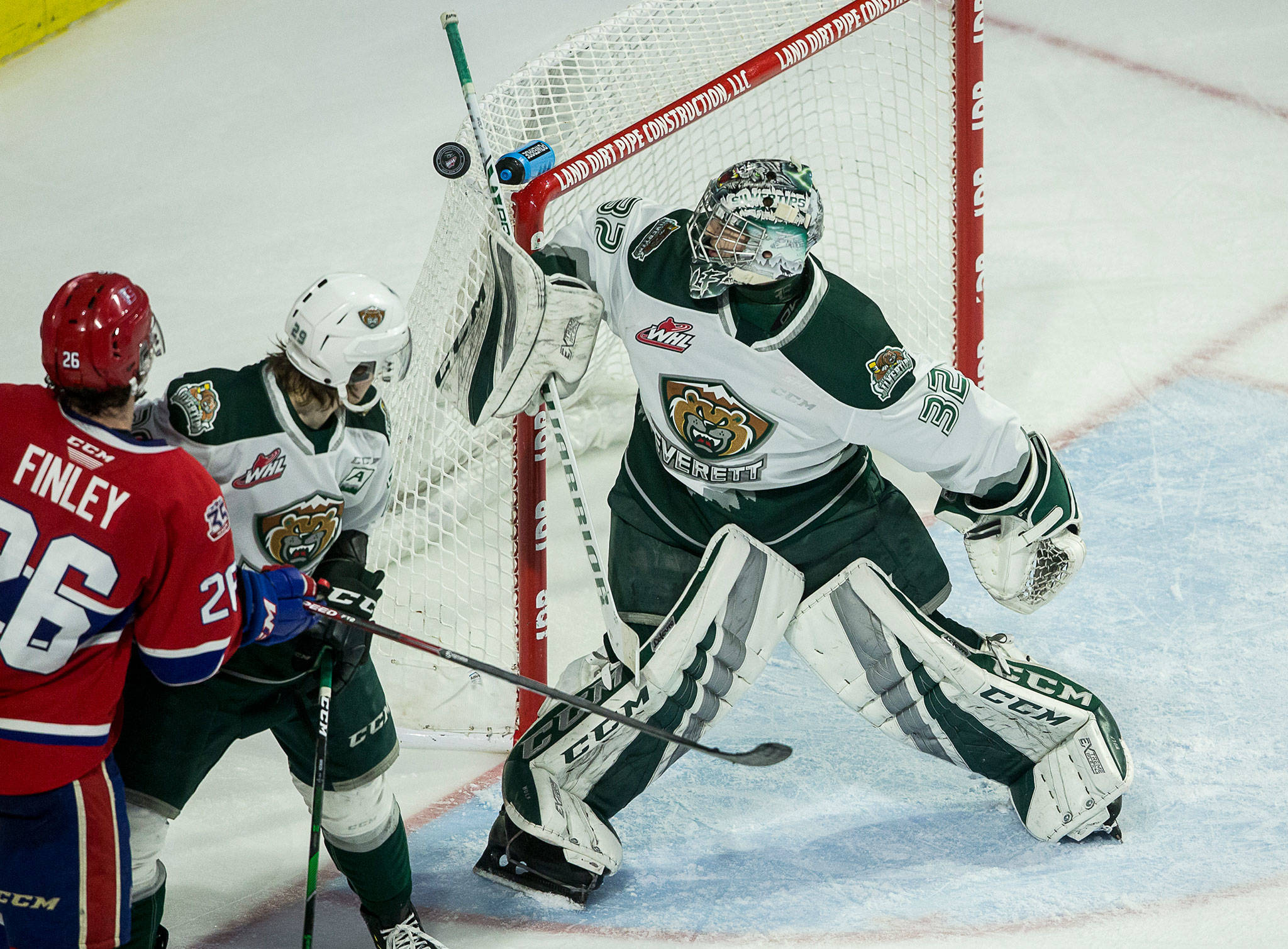 Silvertips goaltender Dustin Wolf deflects a shot during a game against Tri-City on Jan. 26, 2020, in Everett. (Olivia Vanni / The Herald)