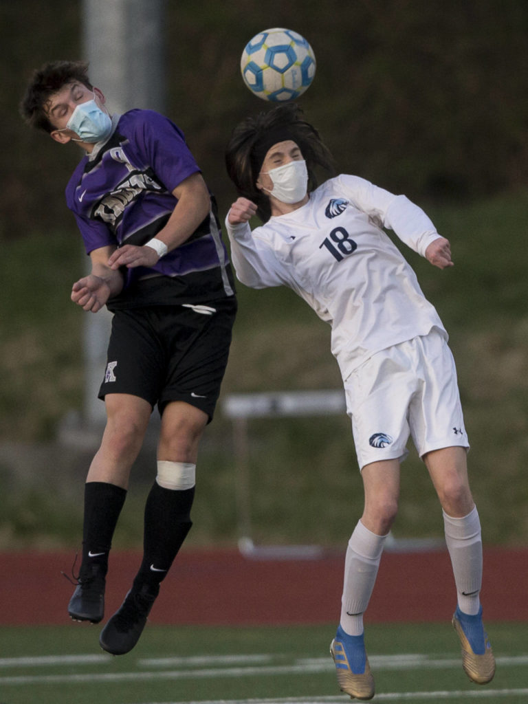 Kamiak senior Charlie Soukup (left) was named to The Herald’s All-Area boys soccer second team. (Olivia Vanni / The Herald)
