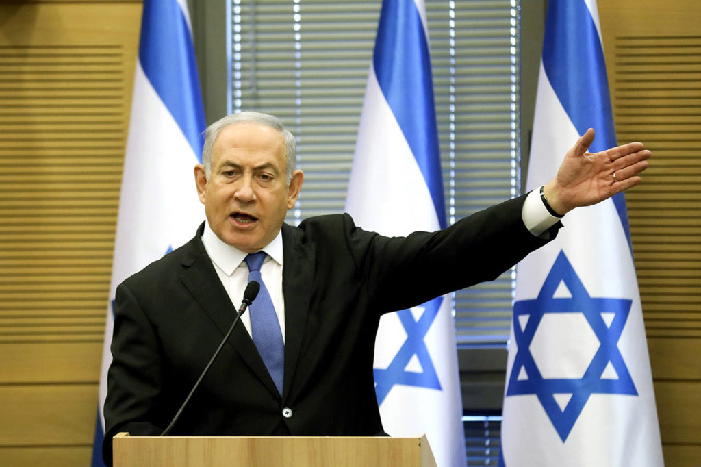 Israeli Prime Minister Benjamin Netanyahu seen here Nov. 20, 2019 during an extended faction meeting of the right-wing bloc members at the Knesset in Jerusalem, was ousted as the nation’s leader during a Knesset session Sunday. (AP Photo/Oded Balilty)
