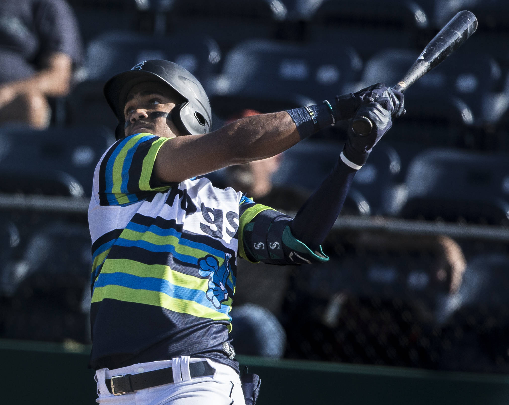 Julio Rodriguez (pictured last month) compiled another impressive series at the plate as the Everett AquaSox took four of five games from the Eugene Emeralds last week. (Olivia Vanni / The Herald)