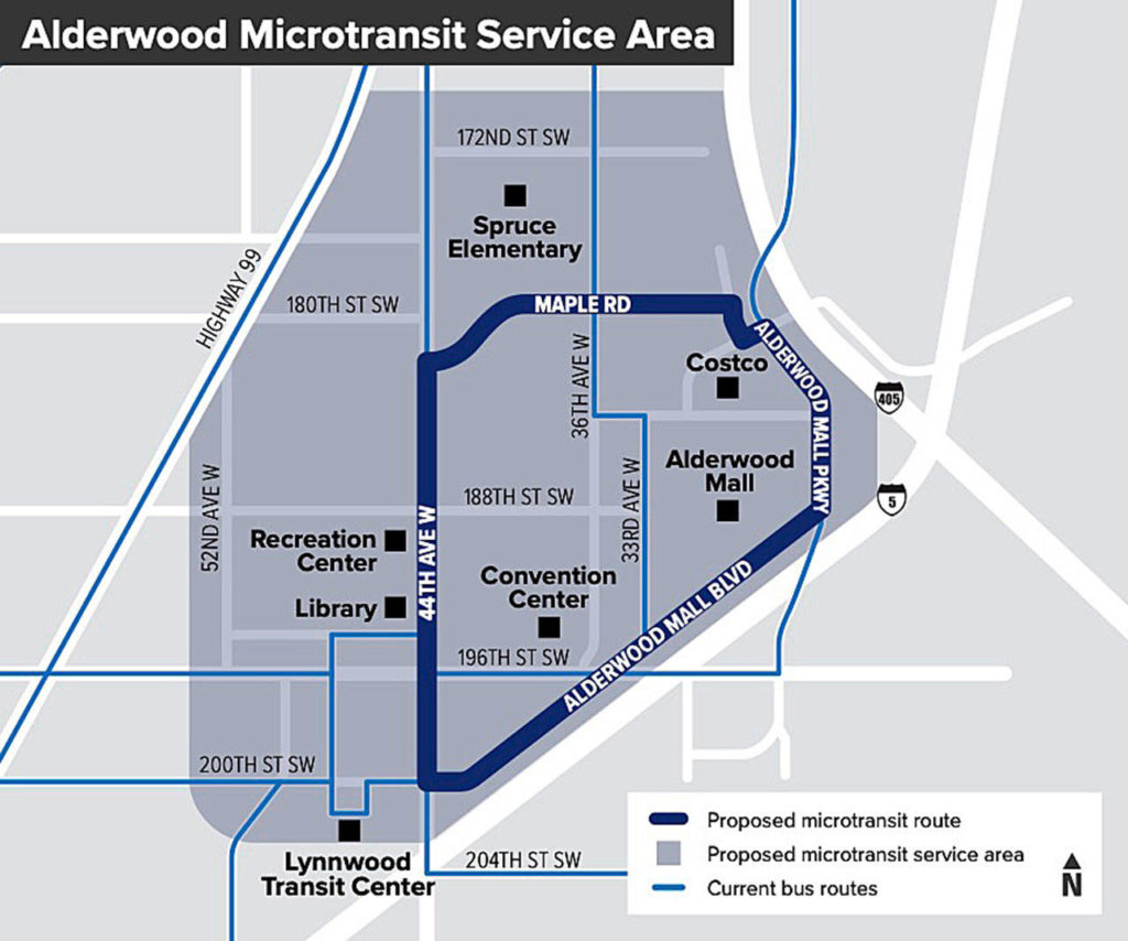 Community Transit is asking for feedback for a pilot program to bring community van or microtransit service to Lynnwood next year. This is the Alderwood service area option. (Community Transit)

