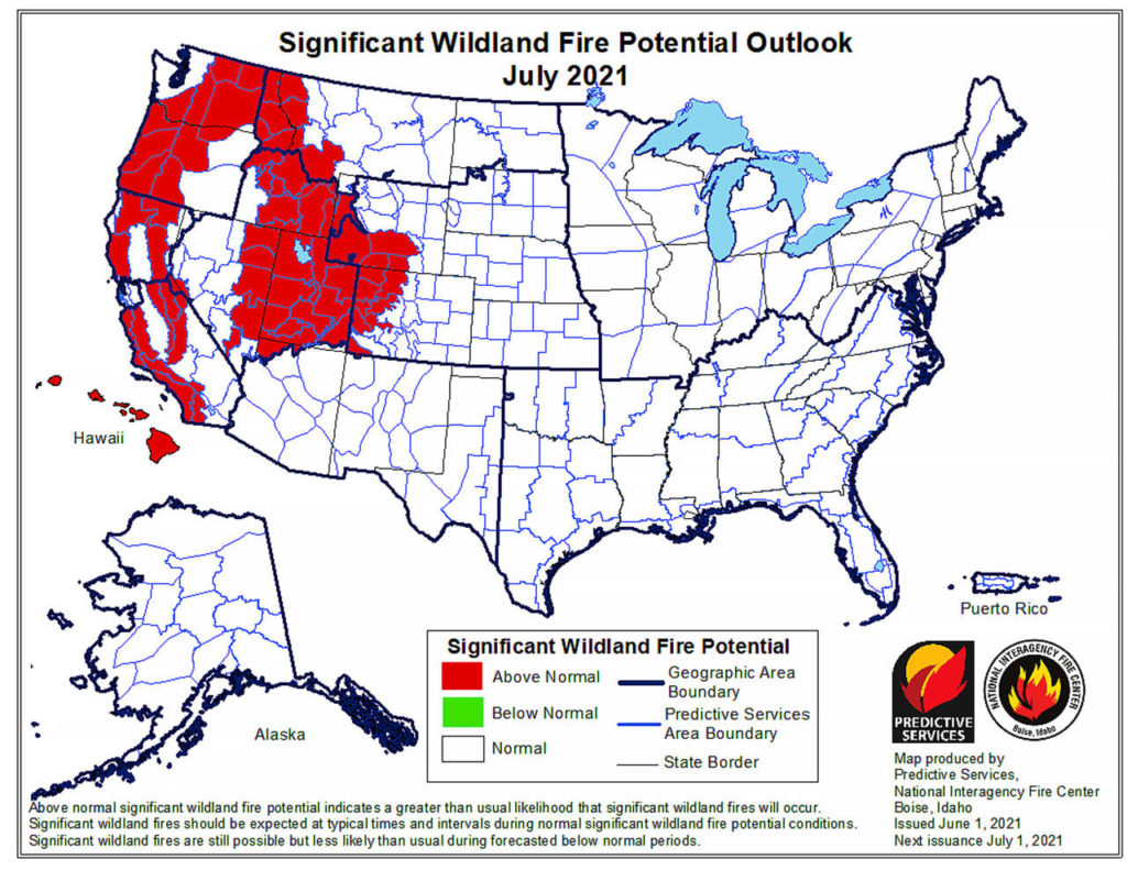 Map of July fire outlook for the West. (National Interagency Fire Center)
