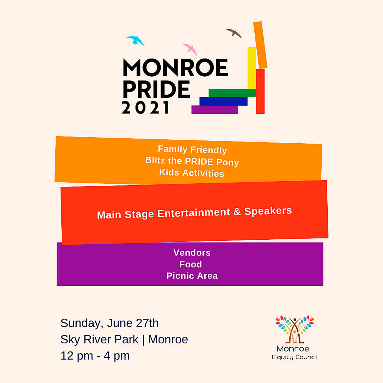 The Monroe Equity Council has planned what is believed to be the city’s first public Pride Month event with a program of activities, art, music and stories from noon to 4 p.m. Sunday, June 27, at Sky River Park. (Monroe Equity Council)