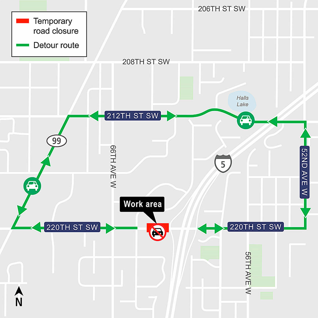 Traffic will be rerouted from a closed section of 220th Street SW just west of I-5 for overnight road repairs Wednesday and Thursday. (Sound Transit)
