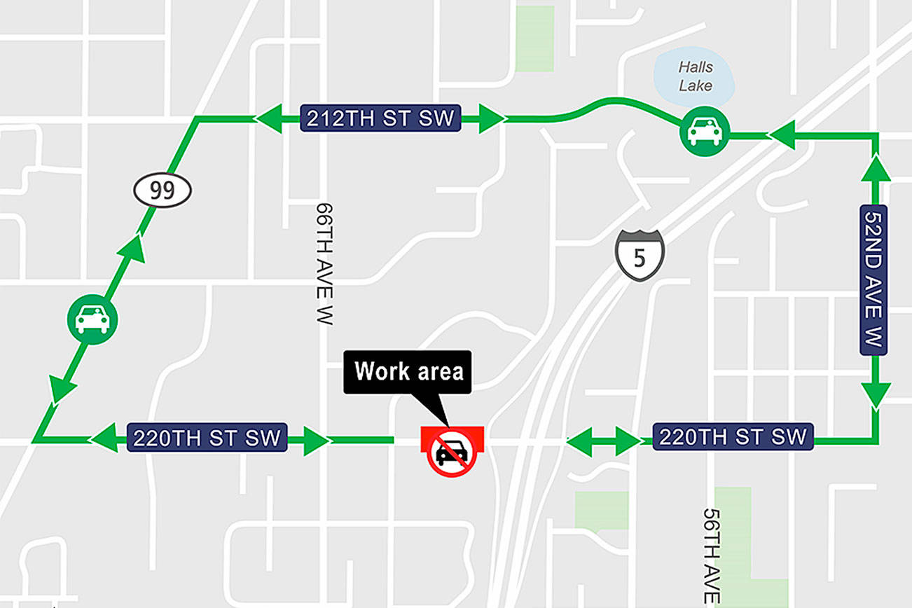 Traffic will be rerouted from a closed section of 220th Street SW just west of I-5 for overnight road repairs Wednesday and Thursday. (Sound Transit)