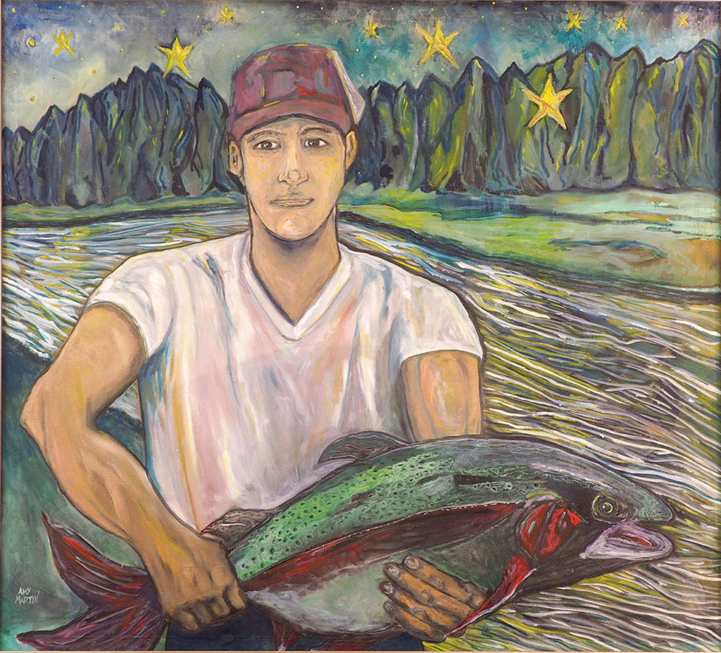 Amy Martin’s “Twilight Fishing” in oil is based on an old photo of her father.
