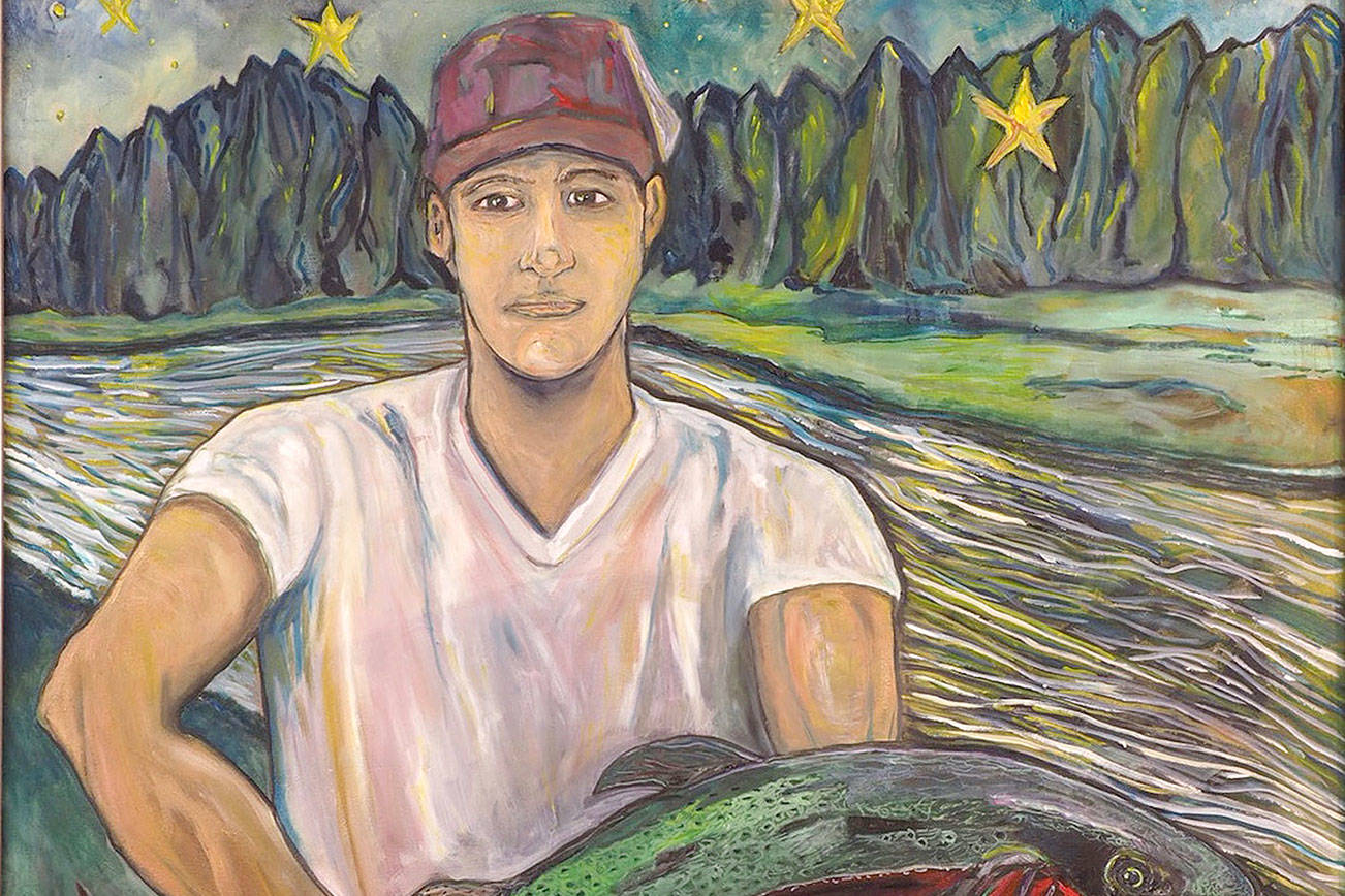 Amy Martin’s “Twilight Fishing” in oil is based on an old photo of her father.